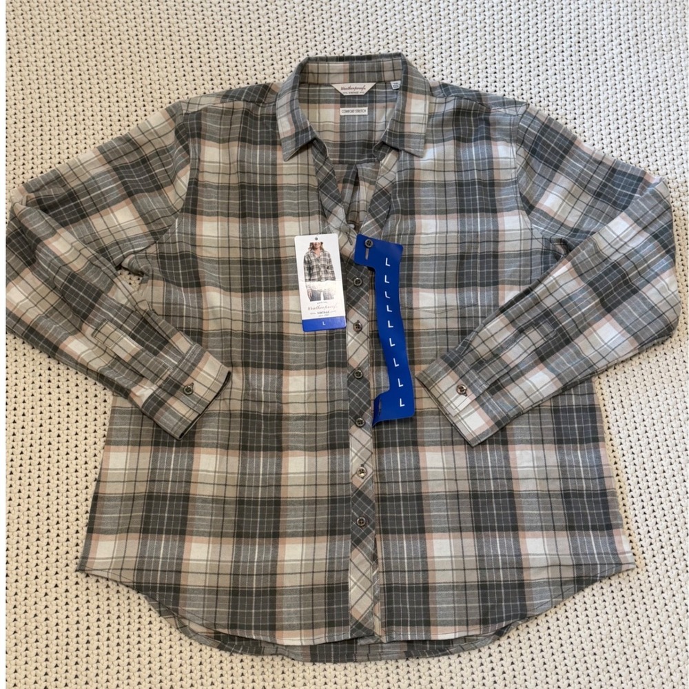 Weatherproof Vintage Womens Green Grey Plaid Flannel Shirt Comfort Large NWT
